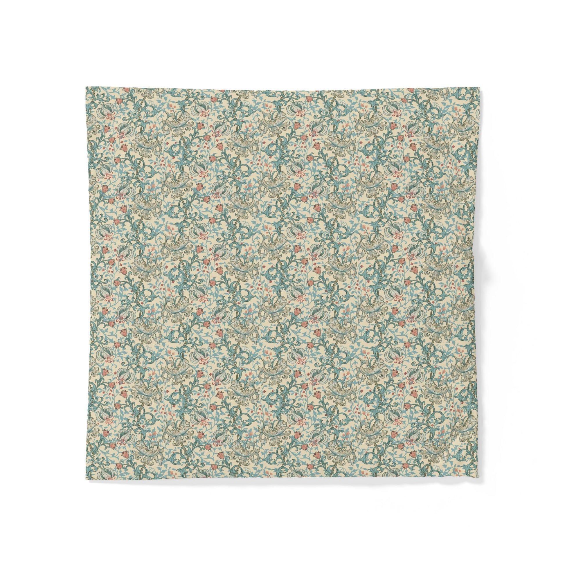 A square fabric bandana featuring a dense, vintage-style floral and botanical pattern in muted teal, sage green, beige, and soft rust orange, displayed flat against a clean white background.