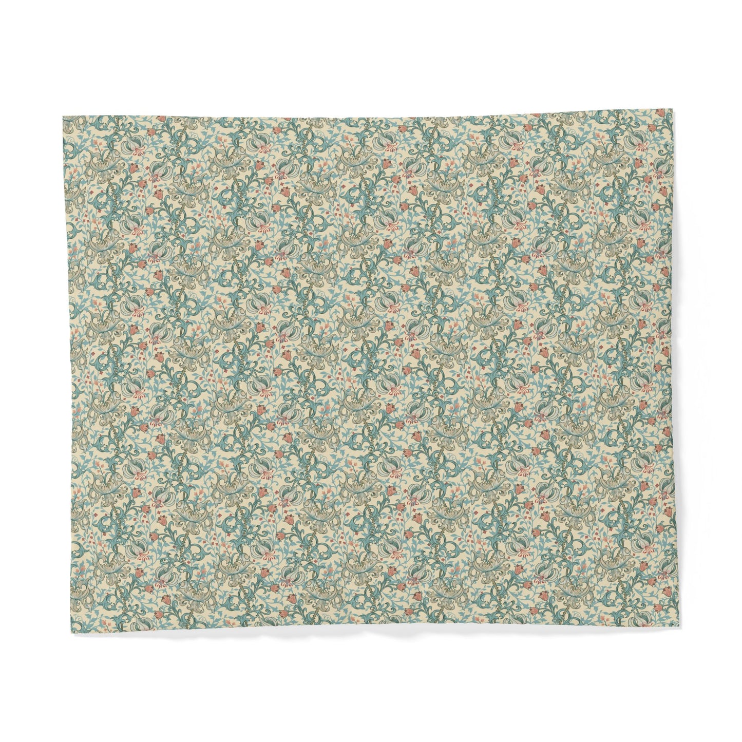 A square fabric or paper sample with an all-over floral pattern in muted teal, beige, cream, and soft rust tones, shown flat against a white background.