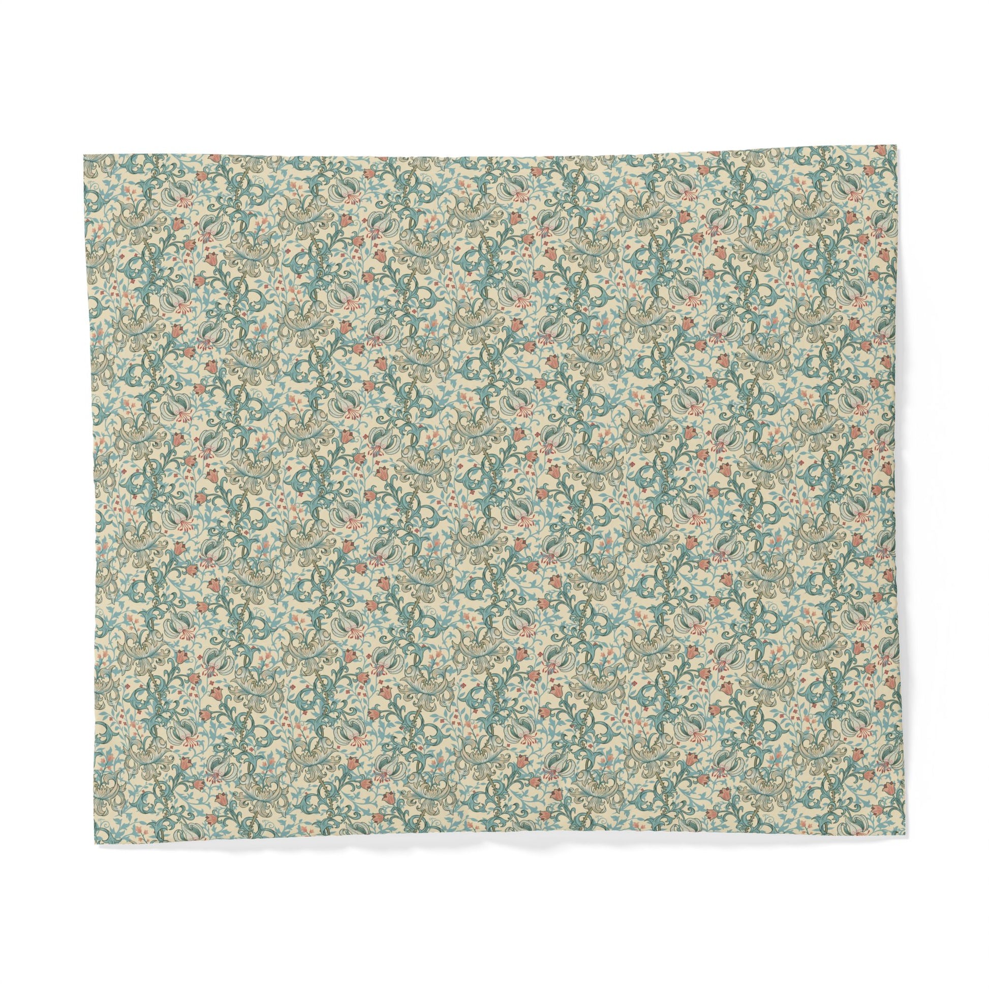 A square fabric or paper sample with an all-over floral pattern in muted teal, beige, cream, and soft rust tones, shown flat against a white background.