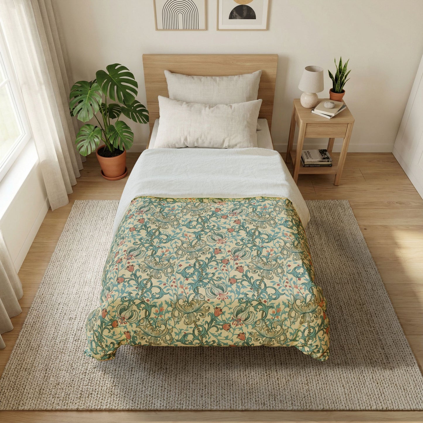 Bedroom with a bed featuring a striped duvet cover, nightstand with lamp and books, and plants.