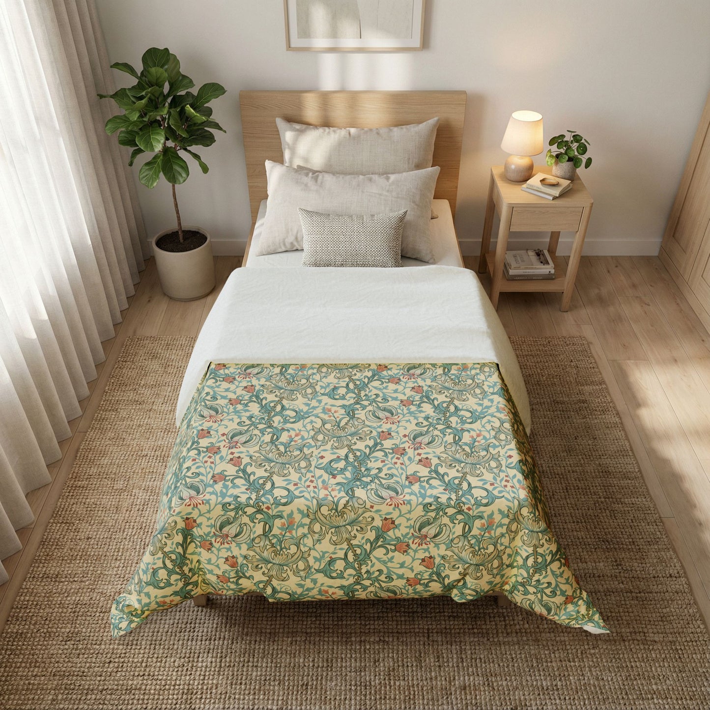 Bedroom with a floral-patterned bedspread on a bed, nightstand, and plants.