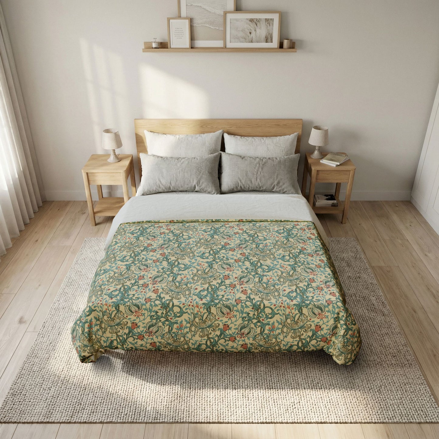 A neatly made bed in a bright, modern bedroom featuring a green and beige floral patterned comforter, white sheets, and gray pillows. The bed is styled with matching bedside tables, lamps, and a light wood headboard, set on a textured rug over light wood flooring.