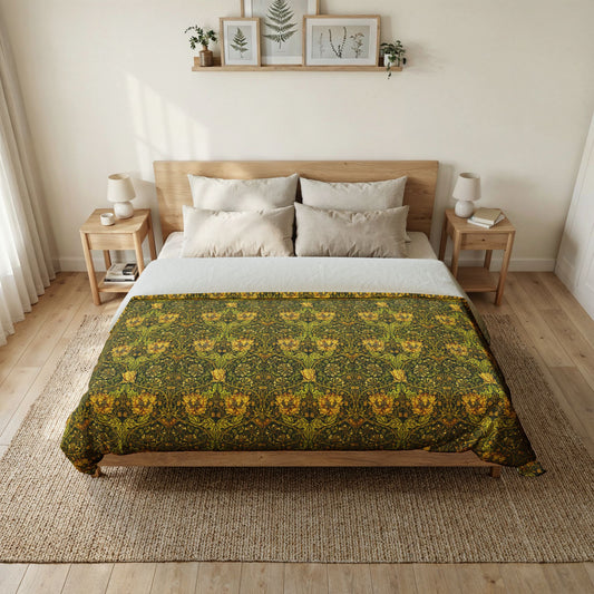 Bedroom with a bed featuring a green floral patterned comforter, wooden headboard, and side tables.