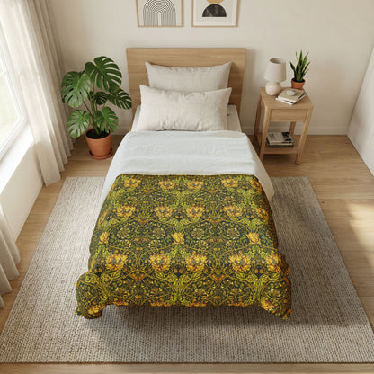 Bedroom with a bed featuring a green and yellow patterned comforter, nightstand, and plants.