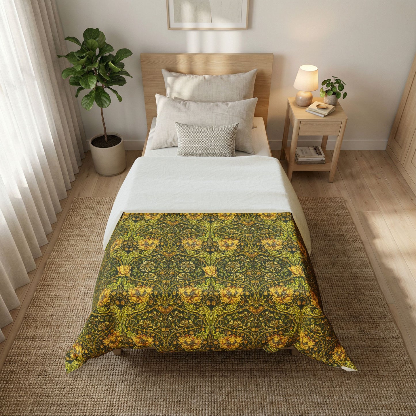 Bedroom with a bed featuring a green and yellow patterned comforter.