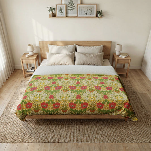 Bedroom with a William Morris & Co floral-patterned bedspread on a wooden bed