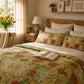 Bedroom with floral bedding, open book, and decorative elements.