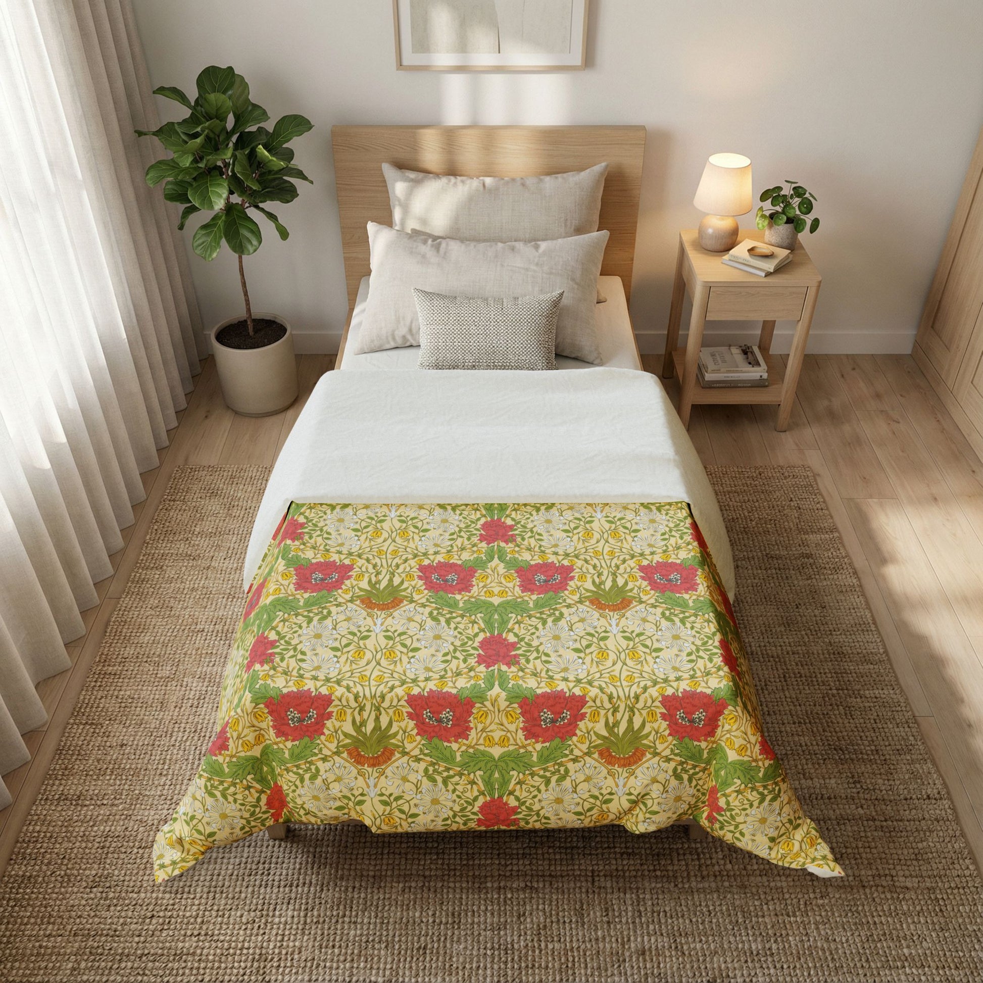 Bedroom with a William Morris & Co floral comforter on a bed, nightstand, and plant.