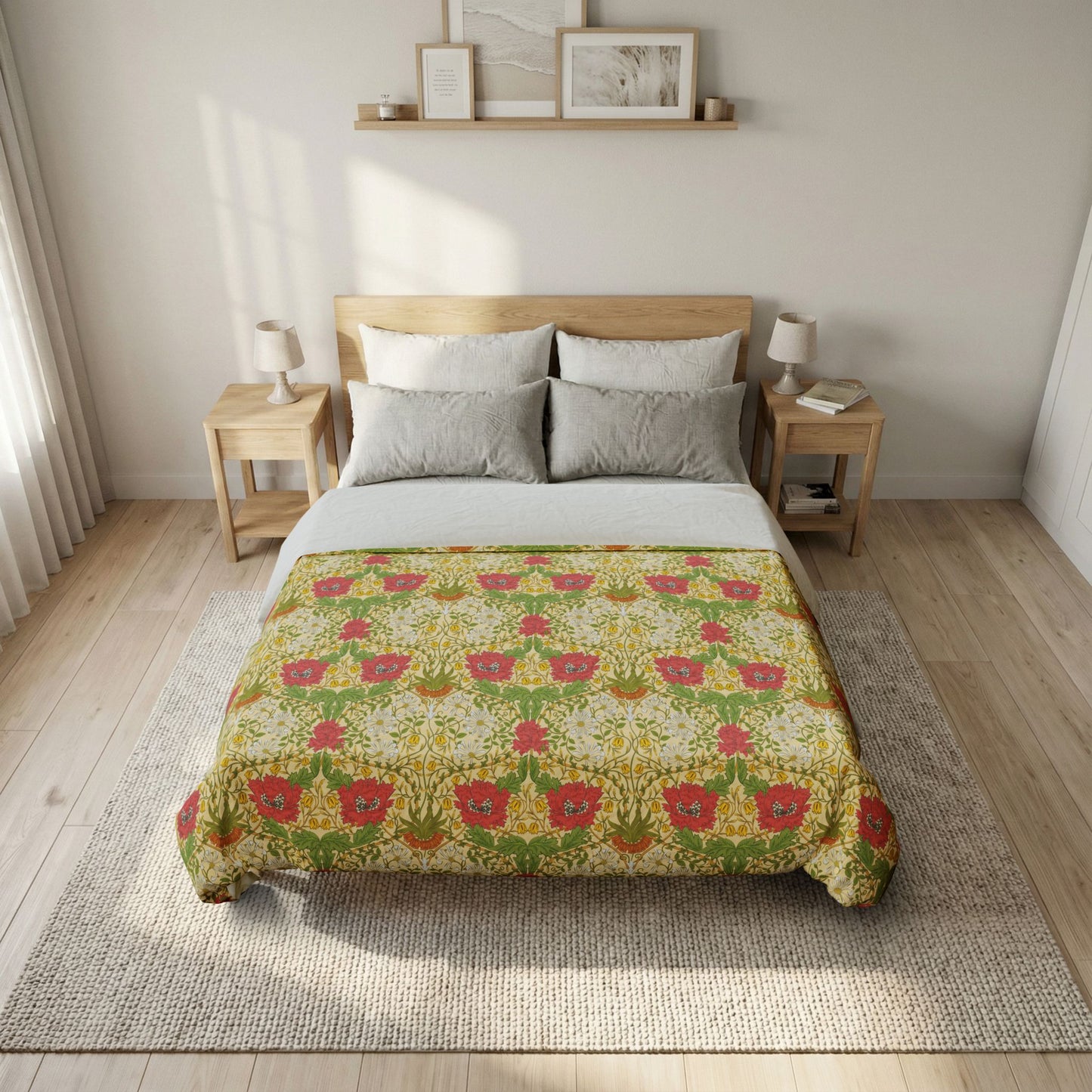 Bed with floral comforter in a bedroom setting