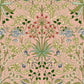 Decorative floral pattern with green, red, and blue flowers on a pink background