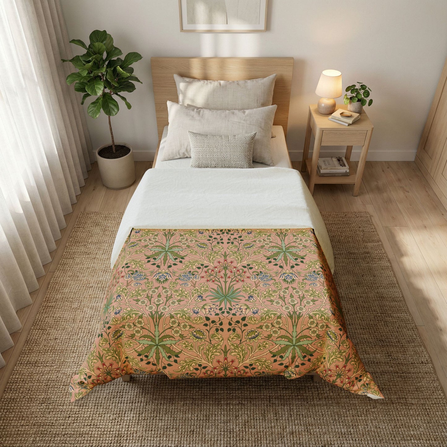 Bedroom with a floral-patterned comforter on a bed, nightstand, and plant.