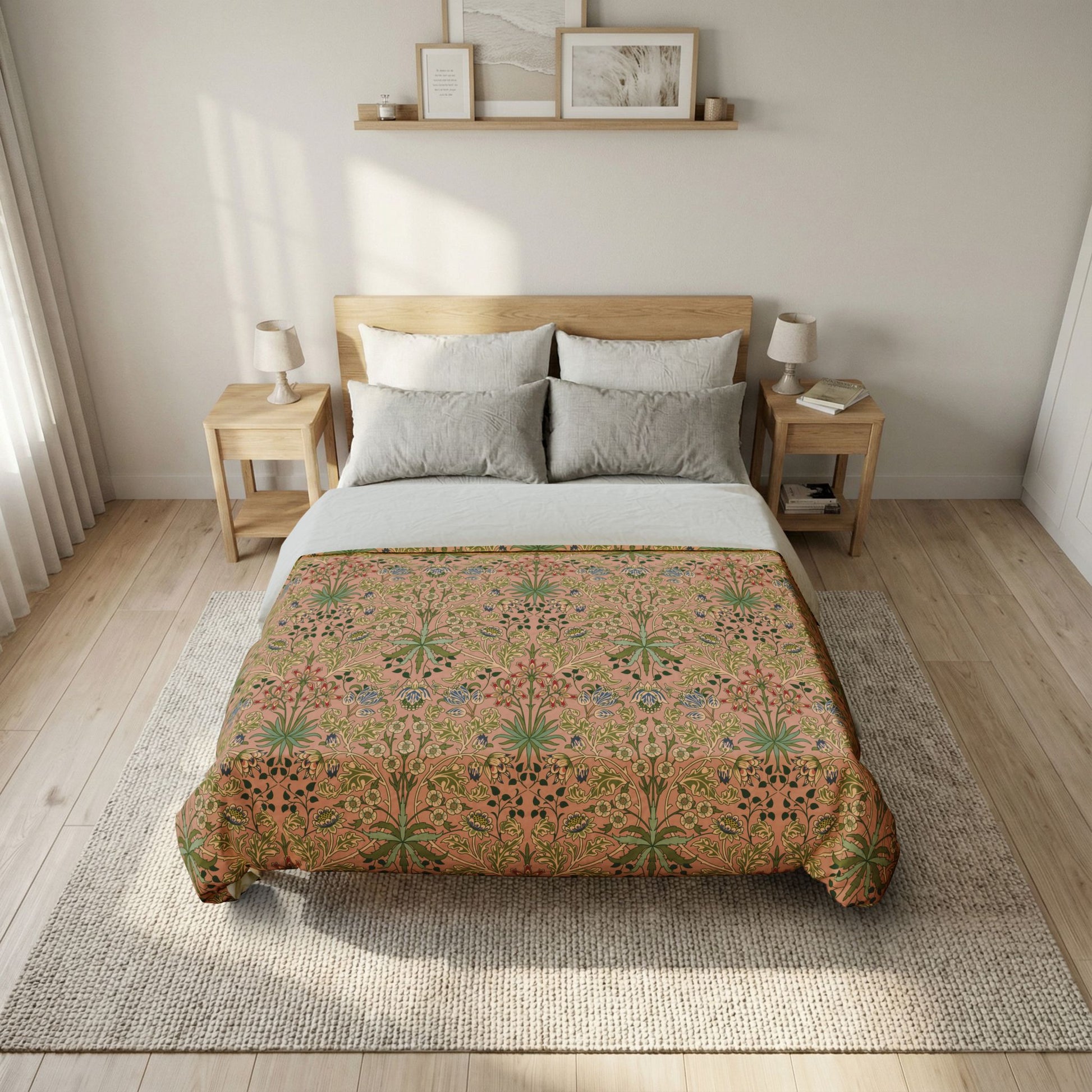 Bed with floral patterned comforter in a bedroom setting