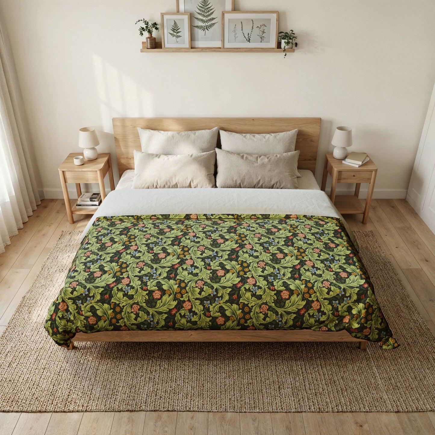 Bedroom with a bed featuring a green floral patterned comforter, wooden headboard, and side tables.