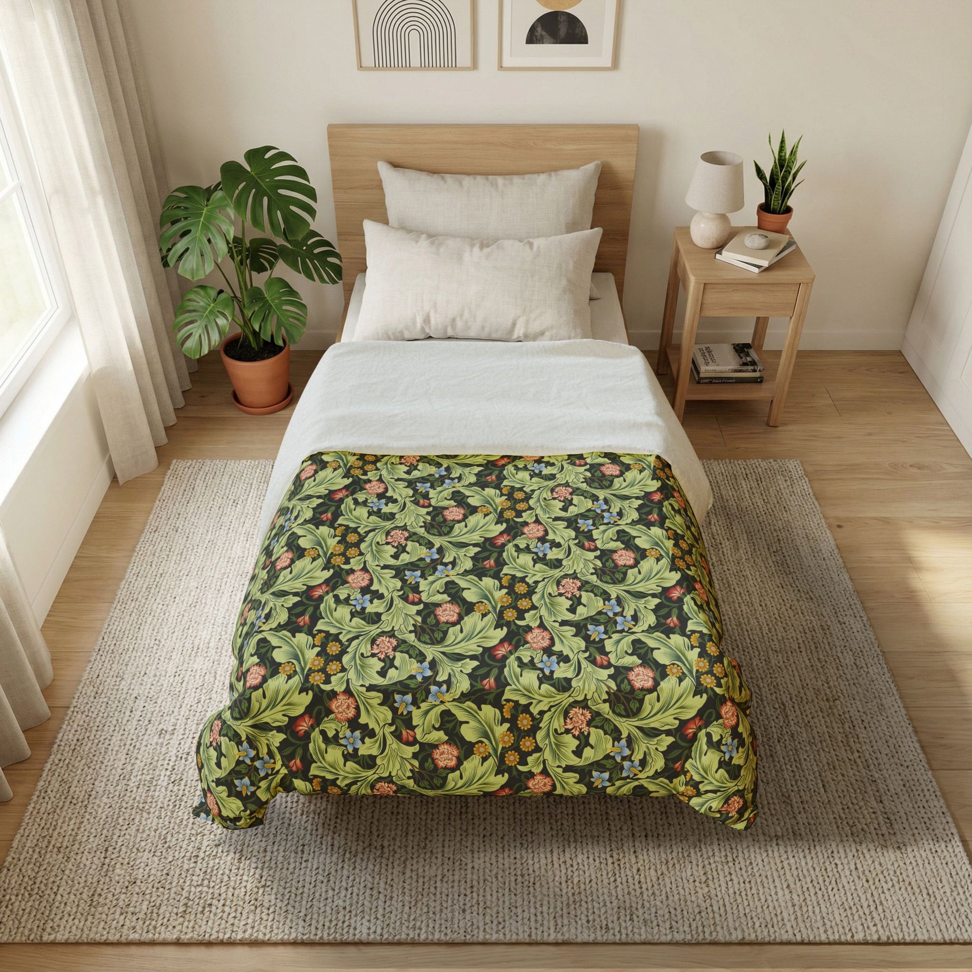 Bedroom with a bed featuring a green floral patterned comforter, wooden nightstand, and plants.