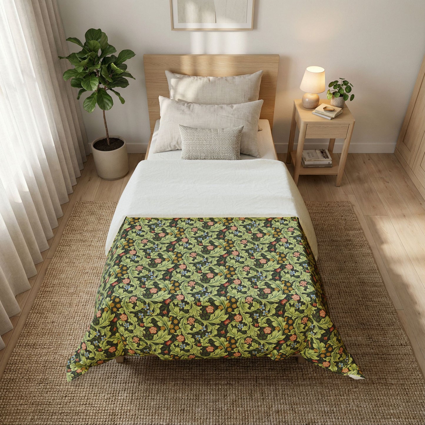 Bed with floral comforter in a bedroom setting