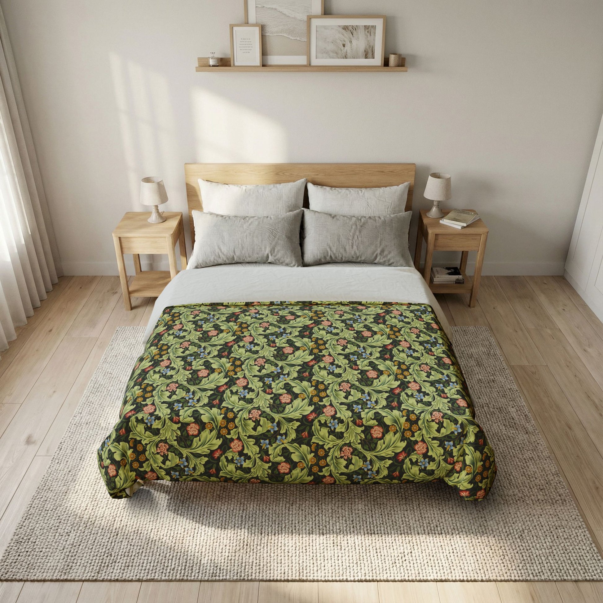 Bedroom with a bed featuring a green floral duvet cover.