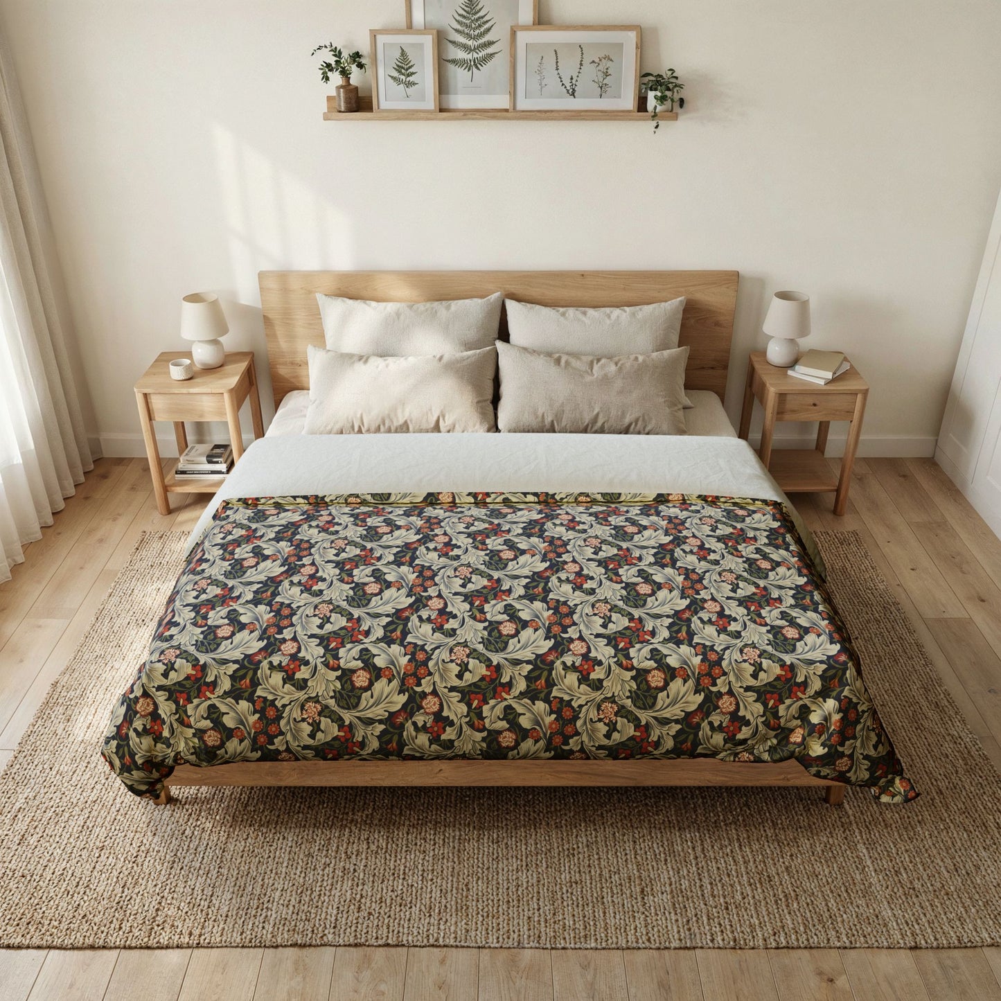 Bedroom with floral-patterned bedspread on a wooden bed