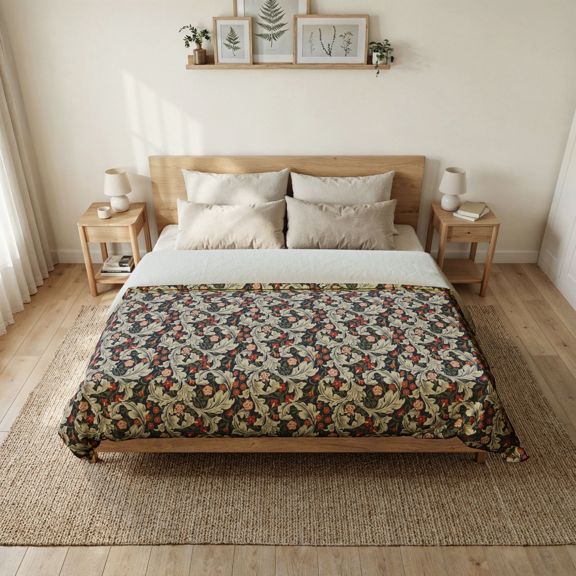 Bedroom with floral-patterned bedspread on a wooden bed