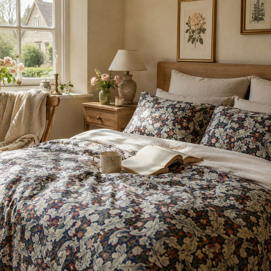 Cozy bedroom with floral bedding, a book, and a mug on a bed.