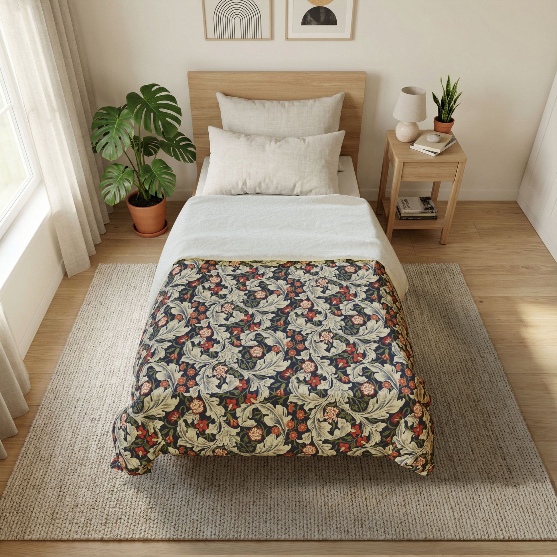 Bedroom with floral-patterned bedspread on a bed, wooden nightstand, and plants.