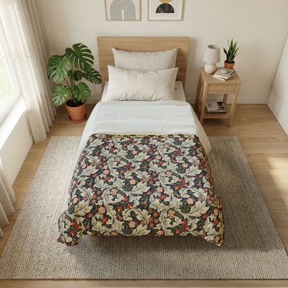 Bedroom with floral-patterned bedspread on a bed, wooden nightstand, and plants.