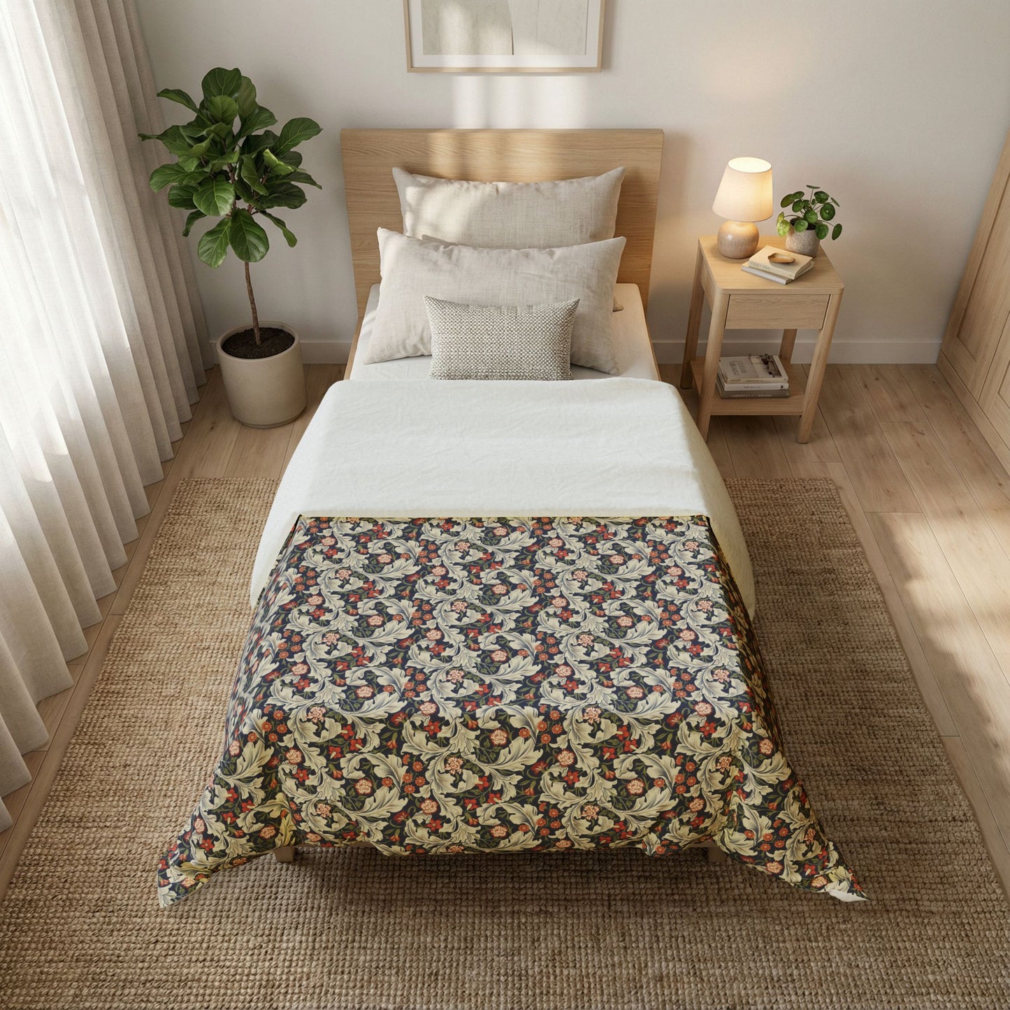 Bedroom with floral comforter on a bed, nightstand, and plant.