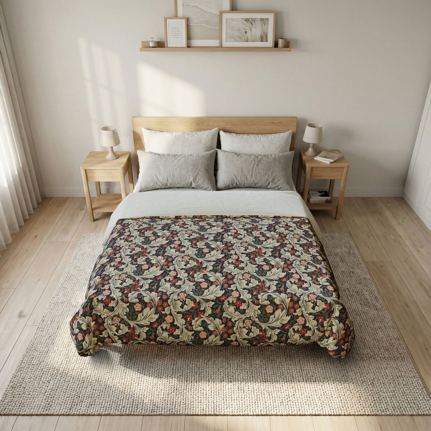Bedroom with floral patterned duvet cover on a bed, wooden nightstands, and framed pictures on the wall.