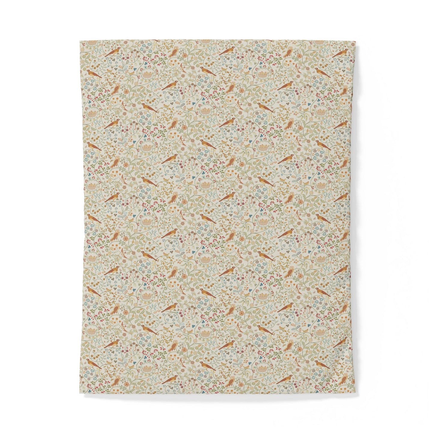 A rectangular fabric item, likely a tea towel or hand towel, featuring a dense all-over floral and botanical pattern in soft beige, cream, muted orange, and light blue tones, shown against a plain white background.