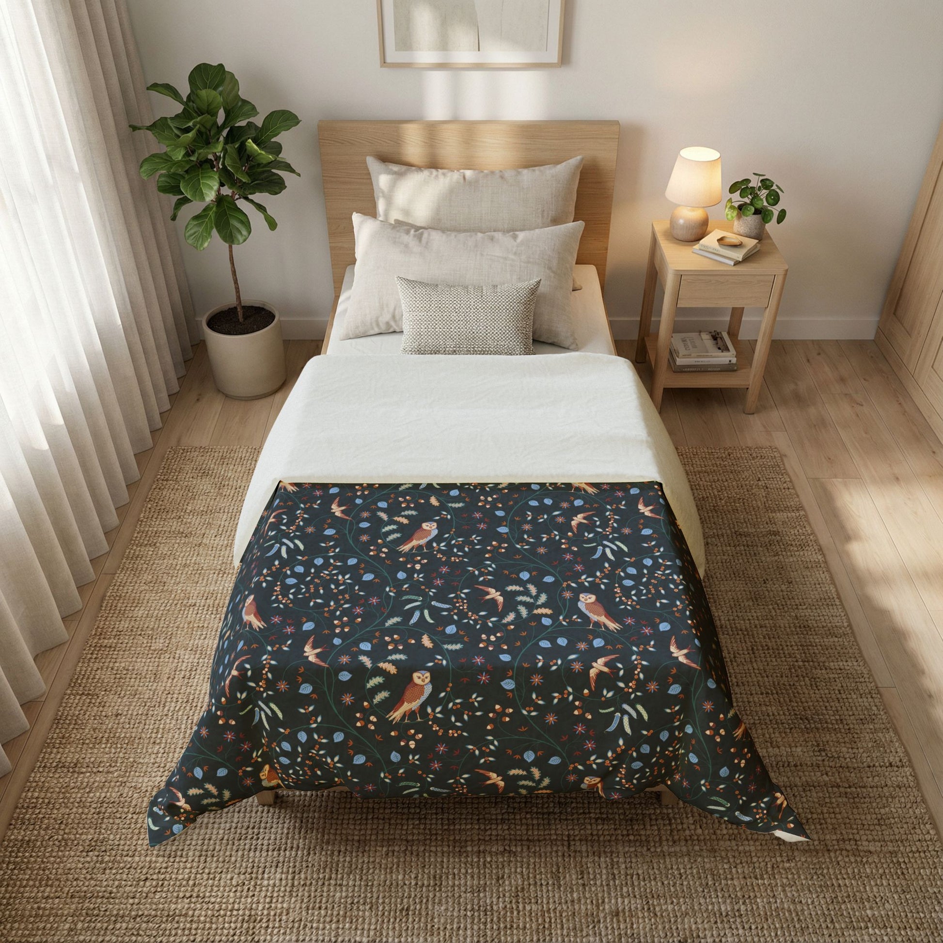 A neatly made bed in a bright bedroom, featuring a dark navy patterned comforter with birds and floral motifs, layered over white bedding. The room includes a wooden headboard, a bedside table with a lamp, a potted plant, and a woven rug.