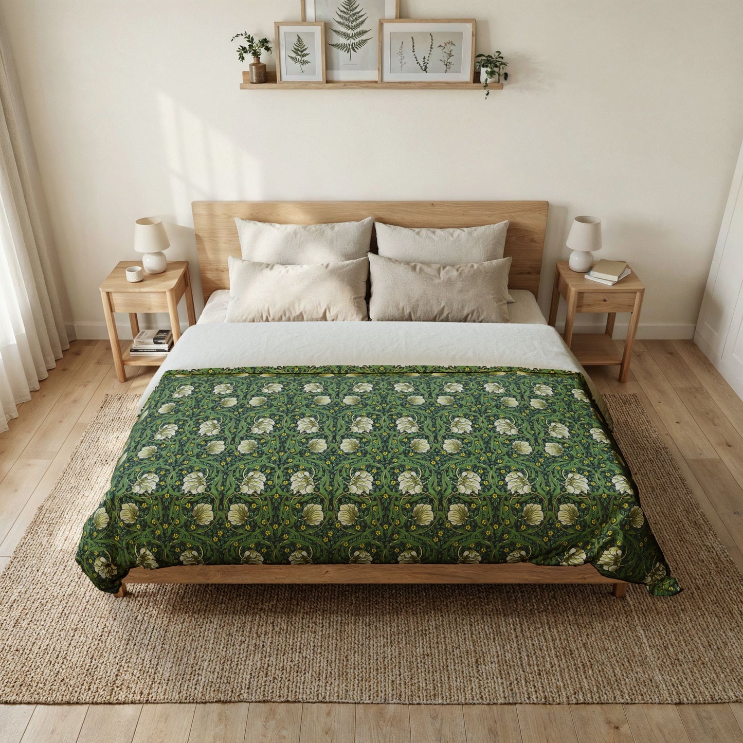 Bedroom with a bed featuring a green floral patterned comforter, wooden headboard, and side tables.