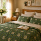 Bedroom with floral bedding, open book, and decorative elements.