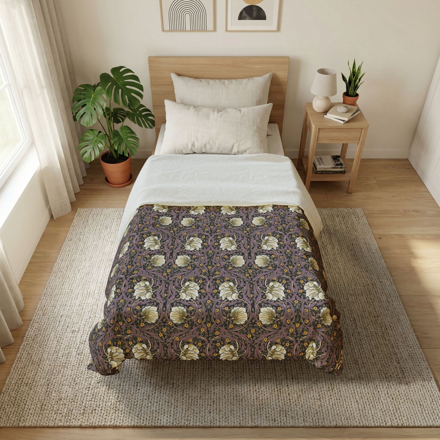 Bedroom with a bed featuring a floral-patterned comforter, nightstand, and plants.