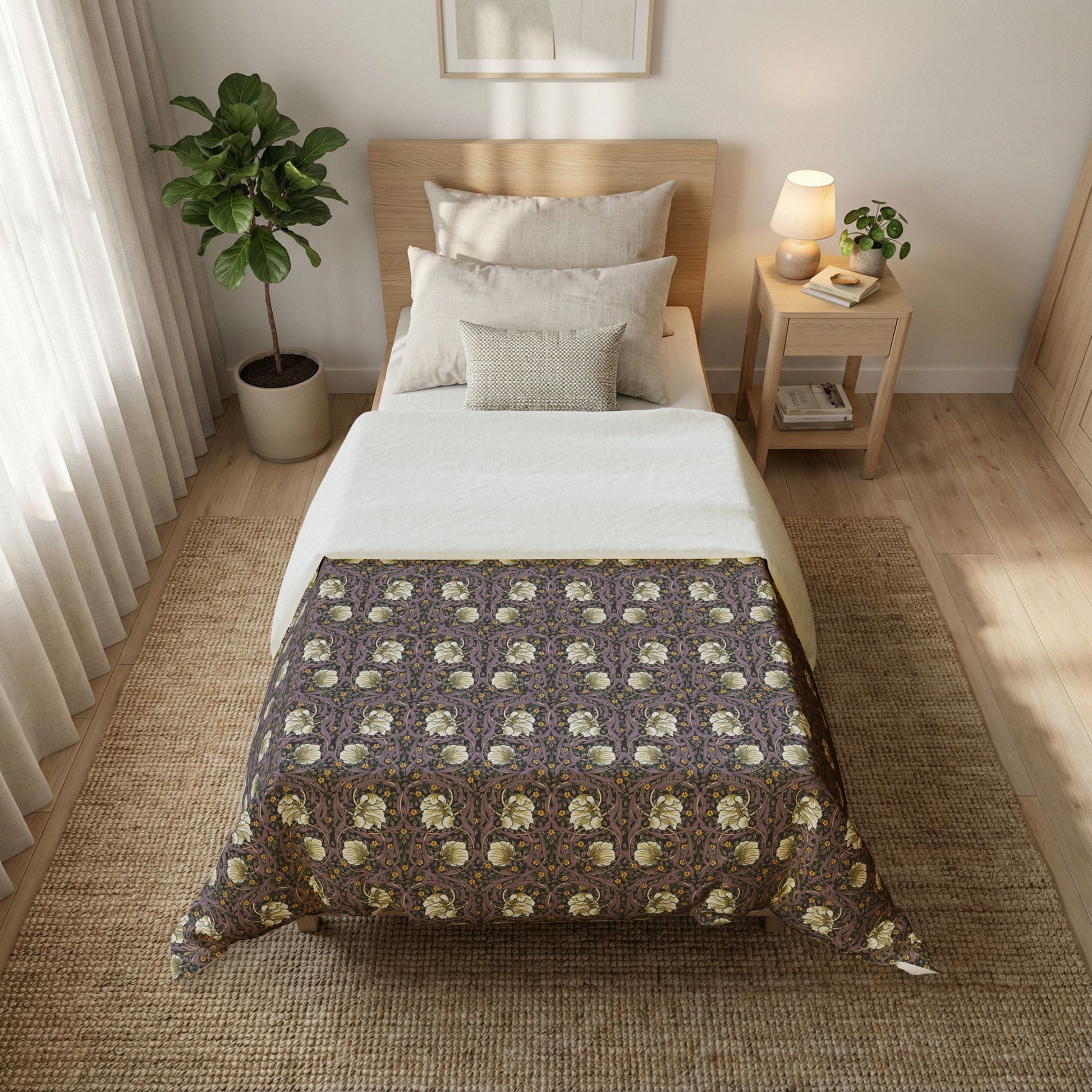 Bedroom with floral comforter, nightstand, and plants