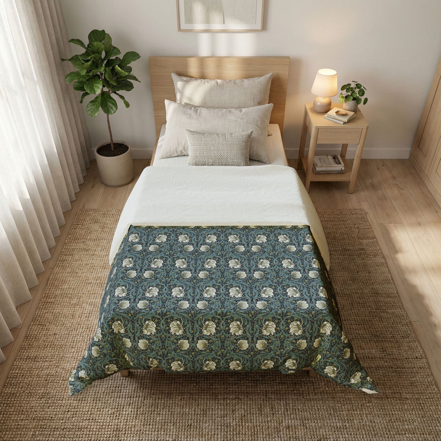 Bedroom with a bed covered by a floral-patterned comforter, nightstand, and plant.