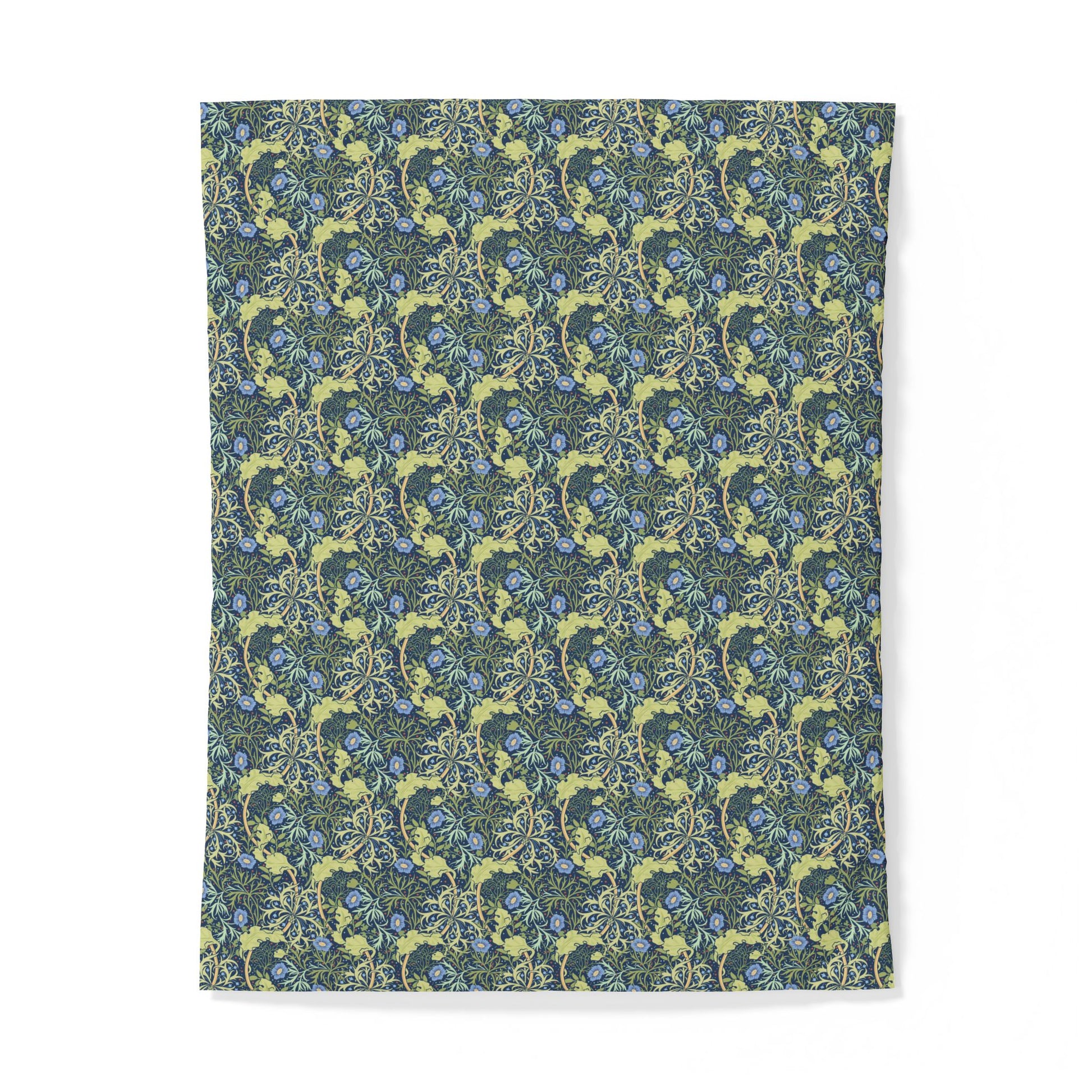 Patterned cotton duvet cover with blue and green design on a white background