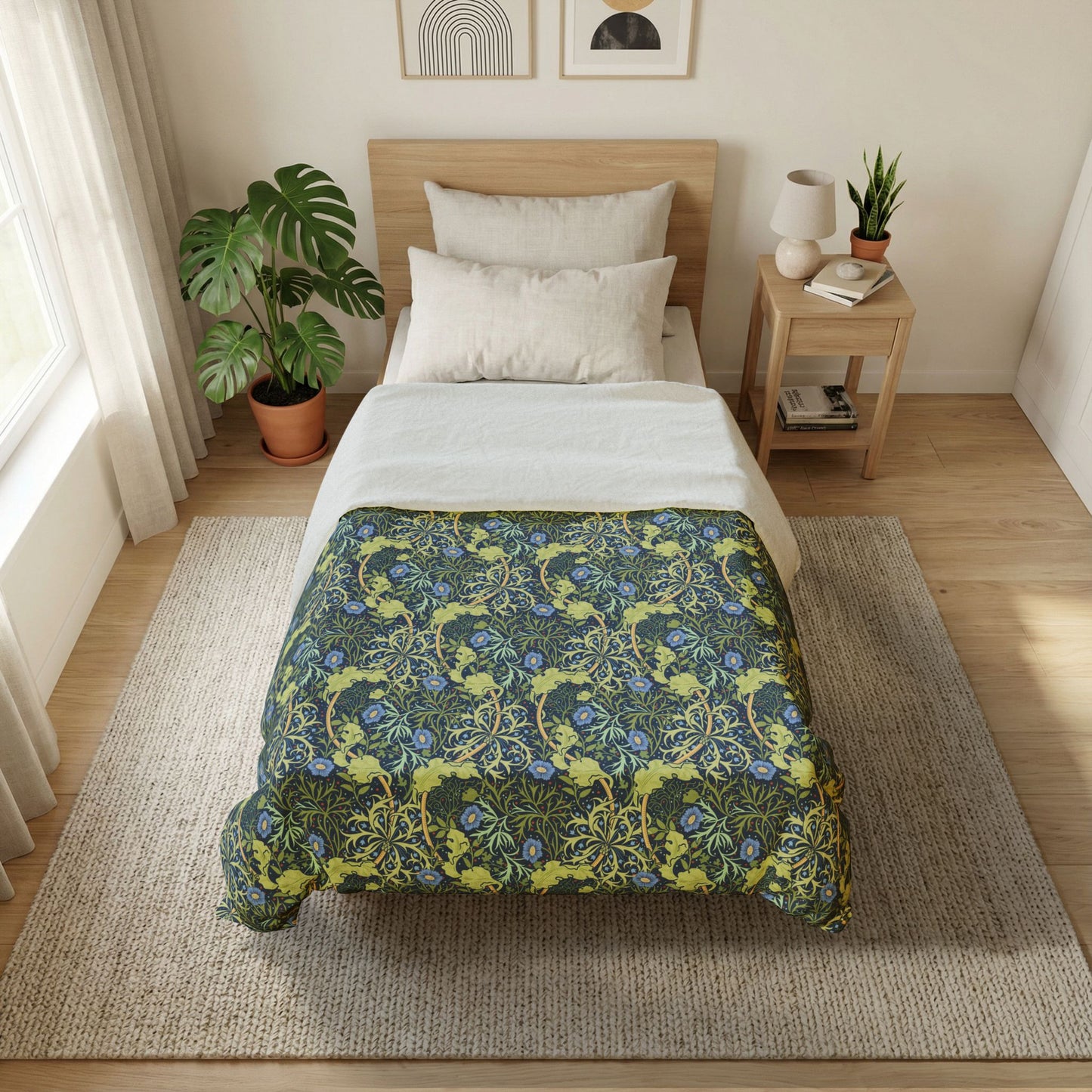 Bedroom with a floral comforter on a bed, plants, and a nightstand.