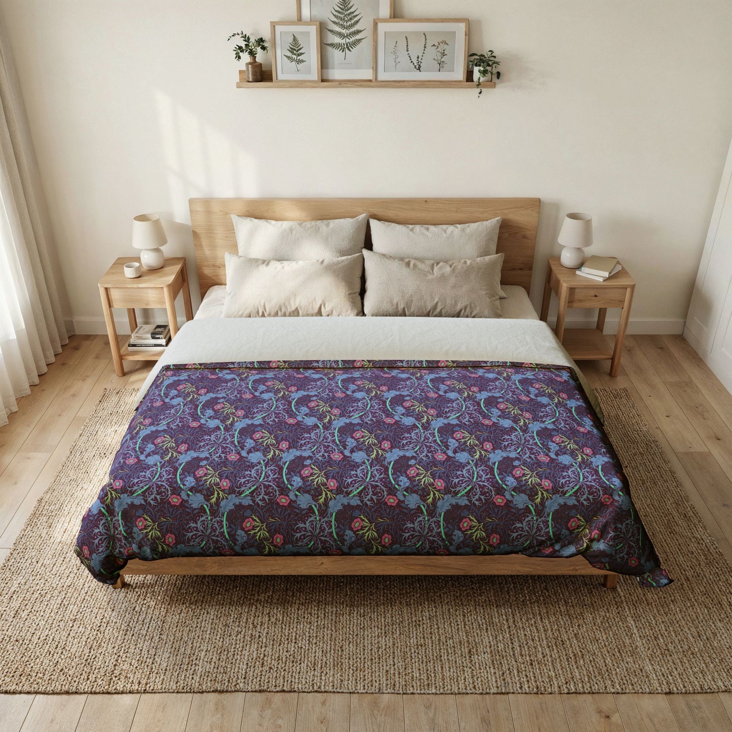 Bedroom with a wooden bed and floral-patterned comforter