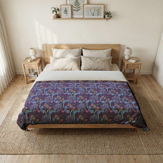 Bedroom with a wooden bed and floral-patterned comforter