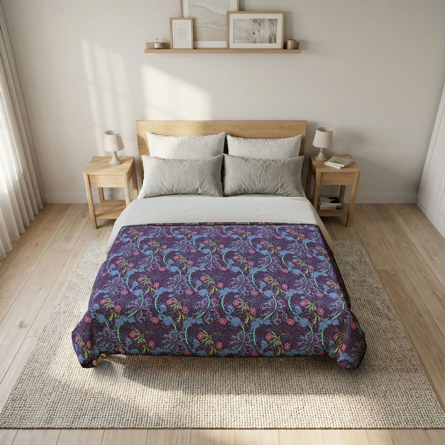 Bed with a floral patterned comforter in a bedroom setting