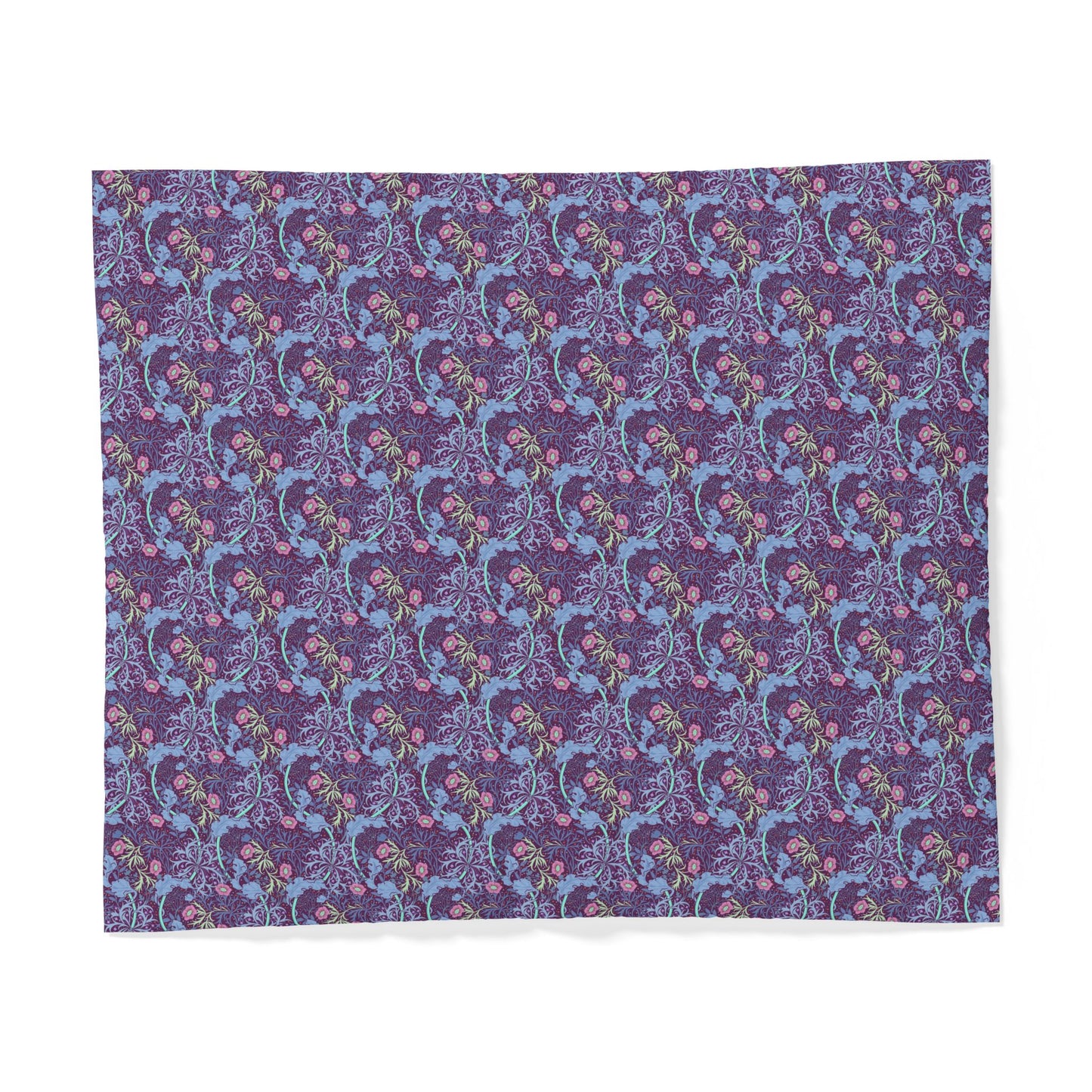 Patterned cotton fabric duvet cover with blue and pink design on a purple background