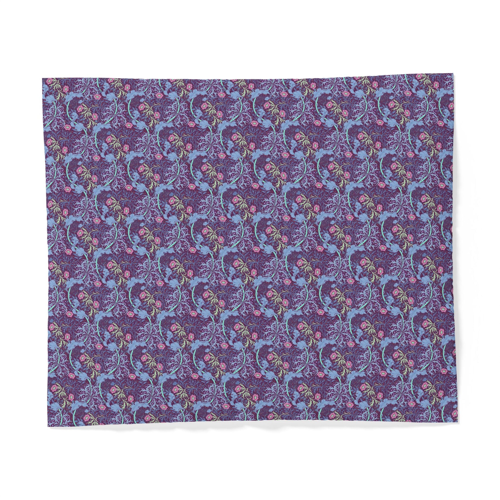Patterned cotton fabric duvet cover with blue and pink design on a purple background