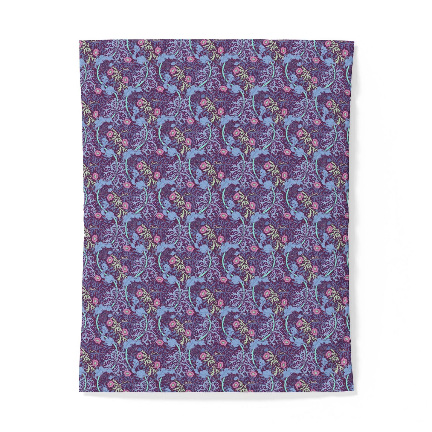 Patterned cotton fabric duvet cover with blue and pink design on a purple background