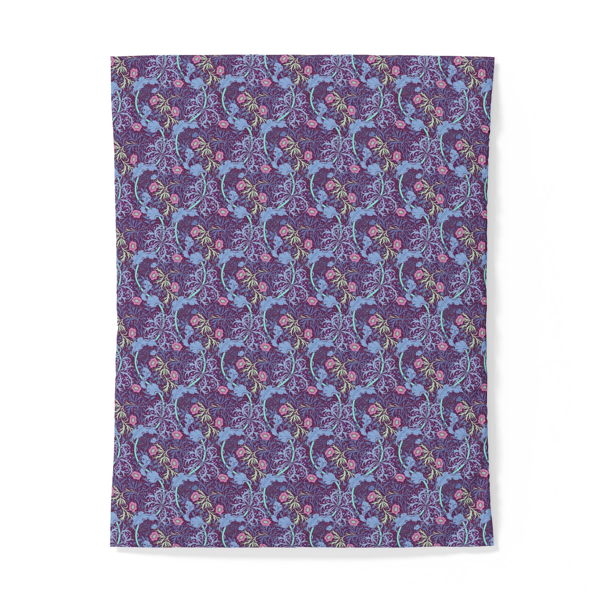Patterned cotton fabric duvet cover with blue and pink design on a purple background