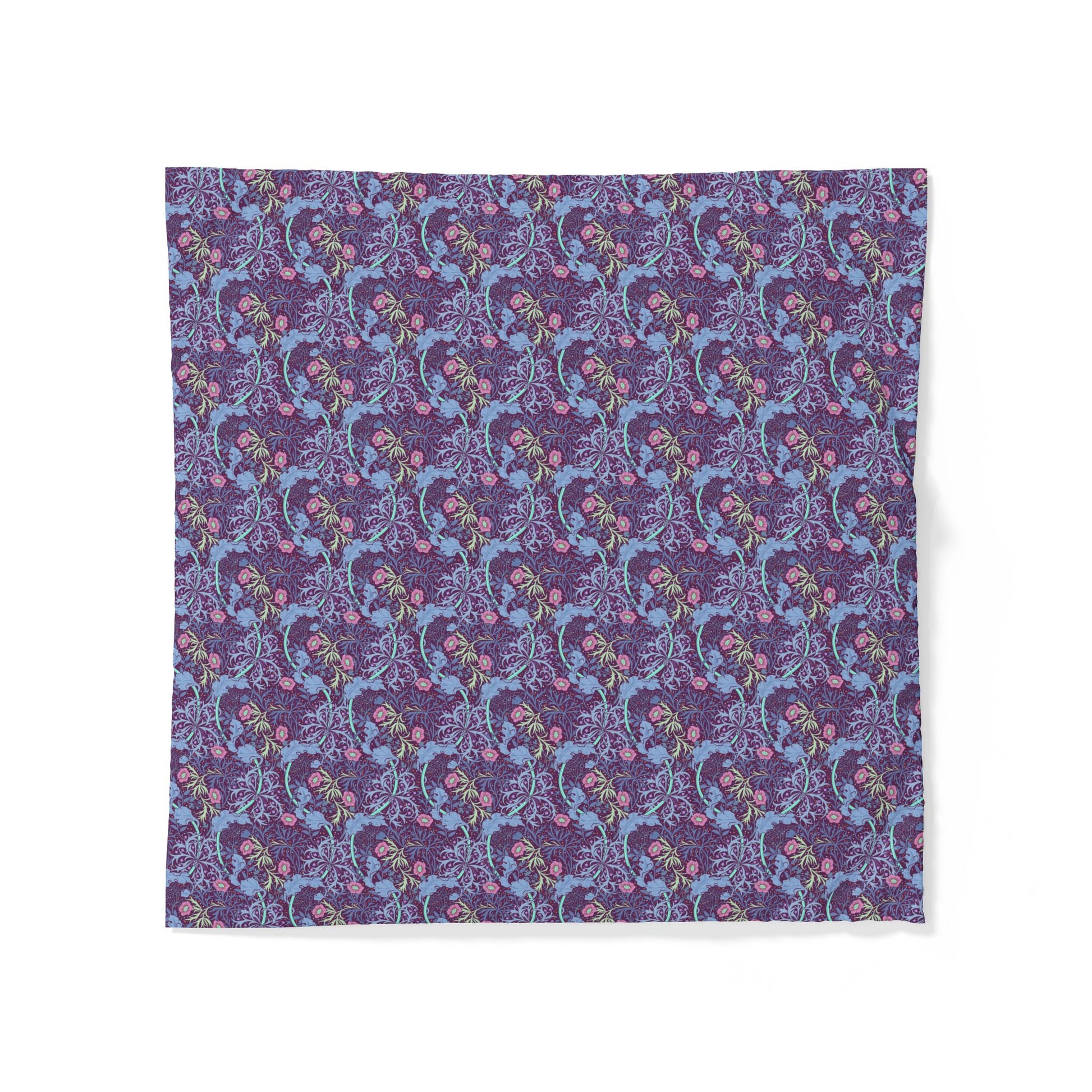 Patterned cotton fabric duvet cover with blue and purple design on a white background