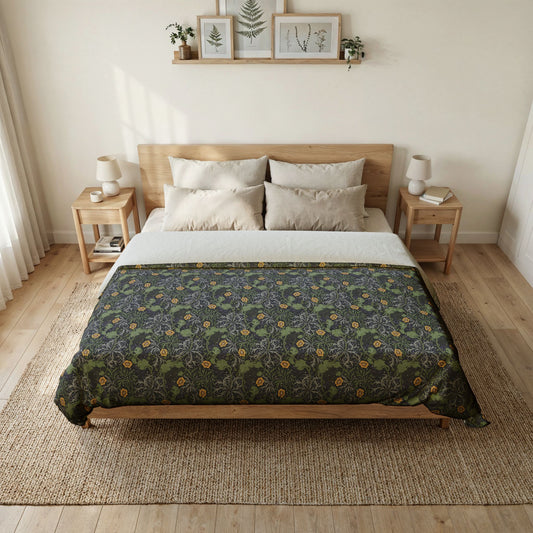Bedroom with a bed featuring a green floral patterned comforter.