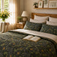 Cozy bedroom with floral bedding, open book, and decorative elements.