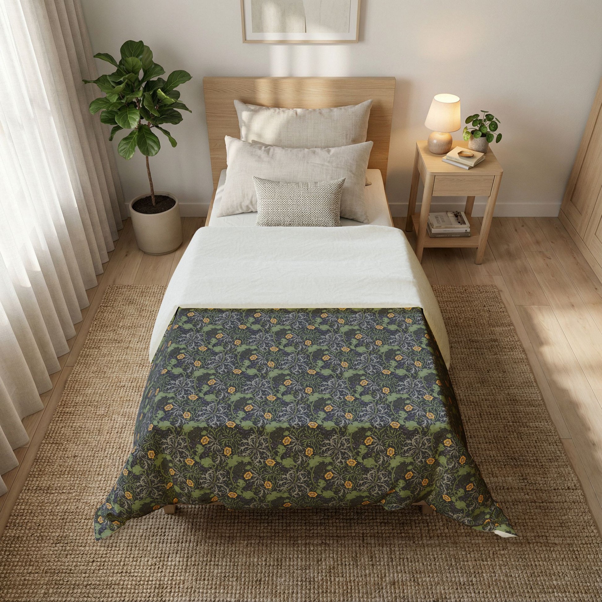 Bedroom with a bed covered by a floral-patterned comforter, nightstand, and plant.