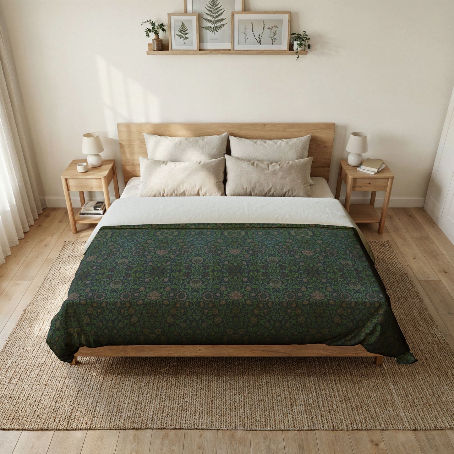 Bedroom with a wooden bed, patterned green blanket, and side tables with lamps.