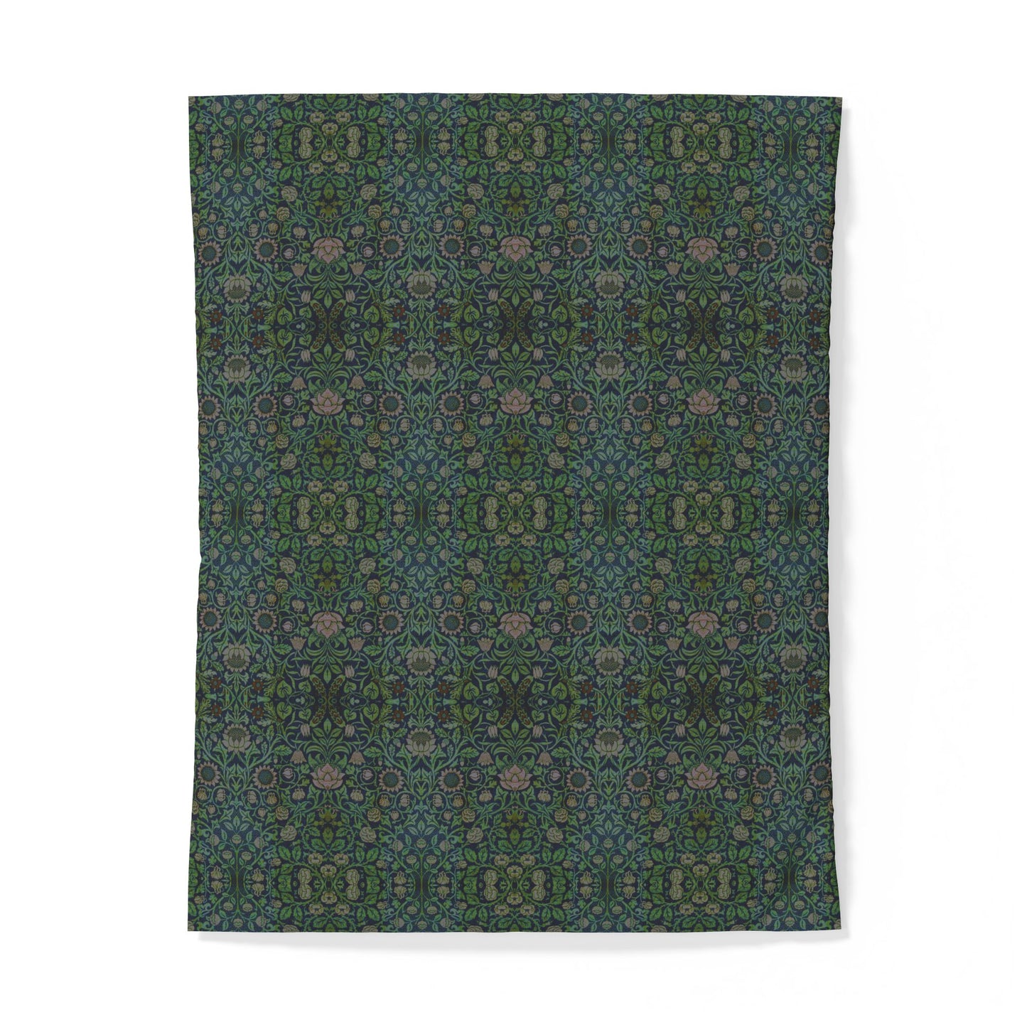 A rectangular textile or rug with an intricate, symmetrical floral and geometric pattern in shades of dark teal, forest green, and muted dusty pink, displayed flat against a clean white background.