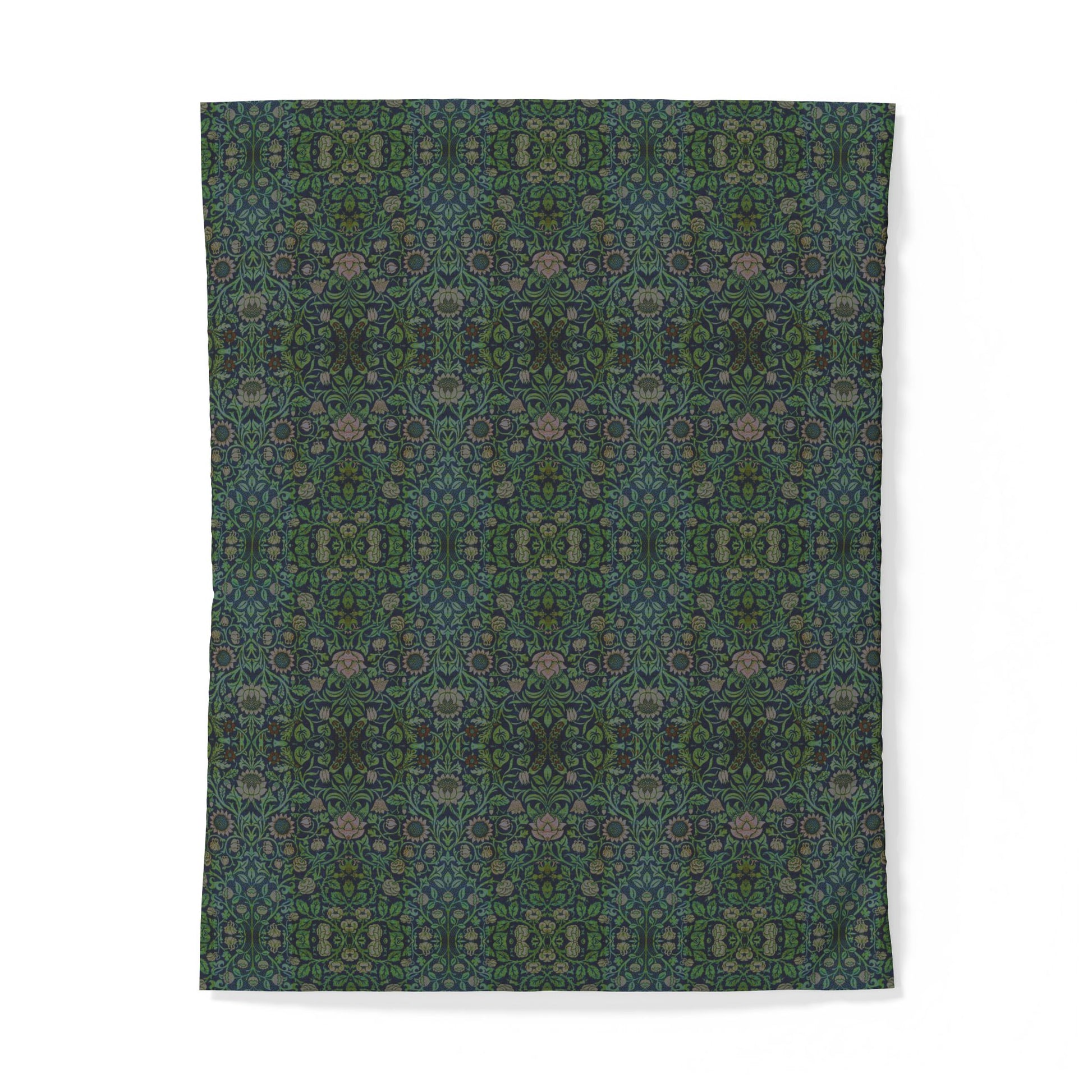 A rectangular textile or rug with an intricate, symmetrical floral and geometric pattern in shades of dark teal, forest green, and muted dusty pink, displayed flat against a clean white background.